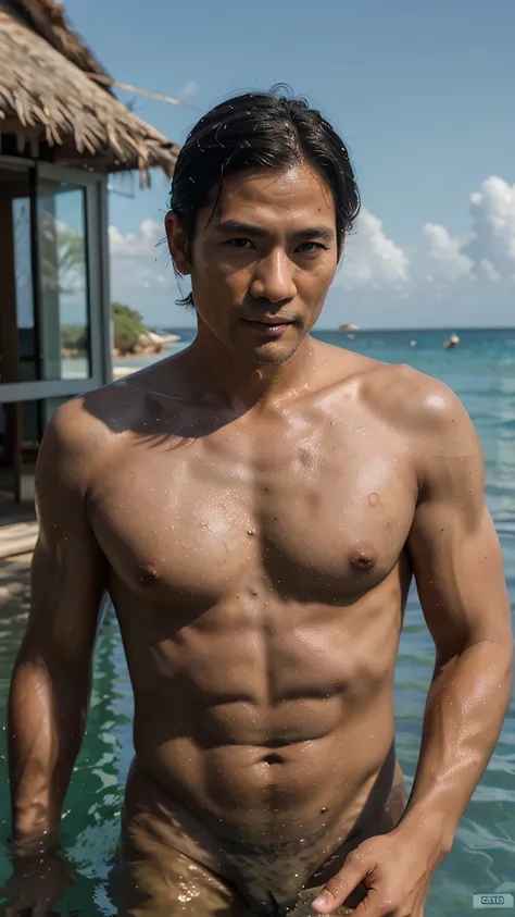 photorealistic,man,Thai person,45 years old,handsome,cool, swimming in the sea on the beach, naked, Looks delicious,Very delicious,Have lunch,realistically,sharp.