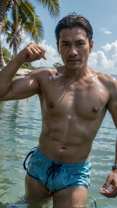 photorealistic,man,Thai person,45 years old,handsome,cool, swimming in the sea on the beach, naked, Looks delicious,Very delicious,Have lunch,realistically,sharp.