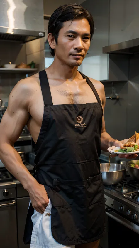 photorealistic,man,Thai person,45 years old,handsome,cool, cooking, wearing an apron on a naked body, Looks delicious,Very delicious,Have lunch,realistically,sharp.