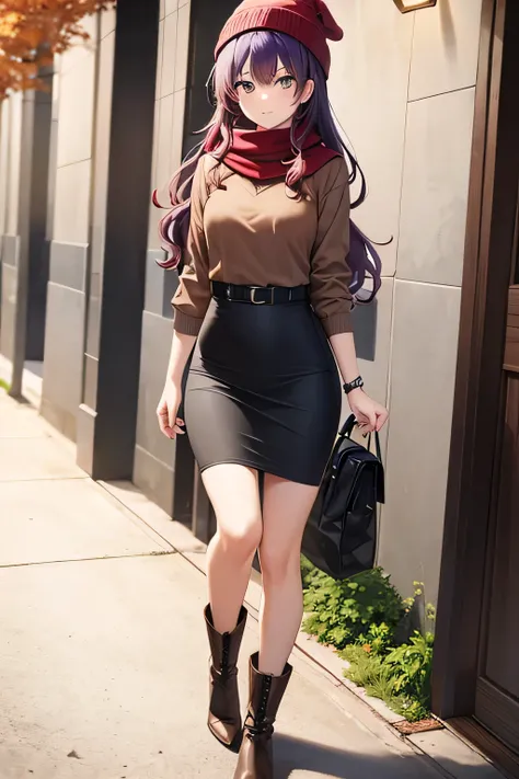 best quality, beautiful woman looking at viewer, brown hoodie, black midi pencil skirt, beanie, leather boots, red scarf, full body, medium purple hair, wavy hair, garden, fall, tree, leaves