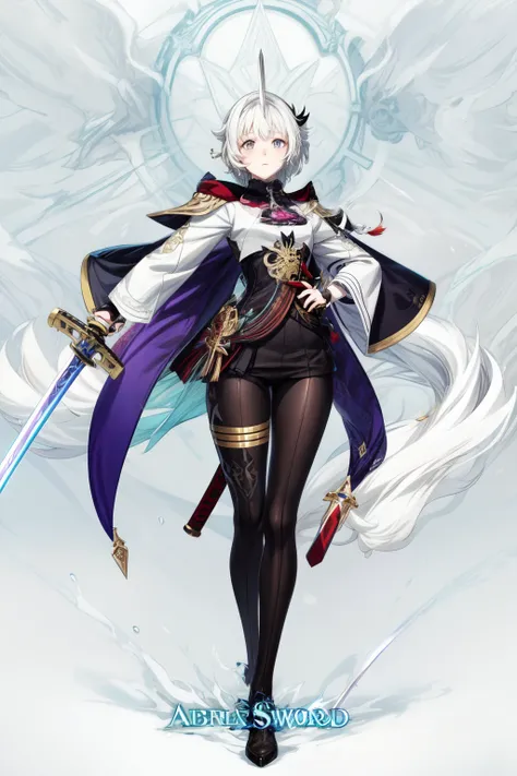 1girl, woman, (albino:1.4), (short_grey_hair:1.3), black and violet suit, (has_a_sword:1.4), pale, has grey eyes, slim and skinny, anime art style, genshin impact style, genshin splash art, epic pose, white background, masterpiece, full body, best quality,...