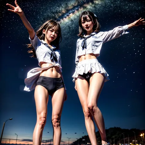 ManoErina, Masterpiece of ProfessionalPhoto ((ExtremelyDetailed (12 PICHIPICHI KAWAII Girls Floating in The Air in a row:1.37) in WHITE at Dusk Enoshima Beach)), {(Standing Full Body:1.2)|(from below:1.2)}, Different types of hair colors, {(skinny(SchoolSw...