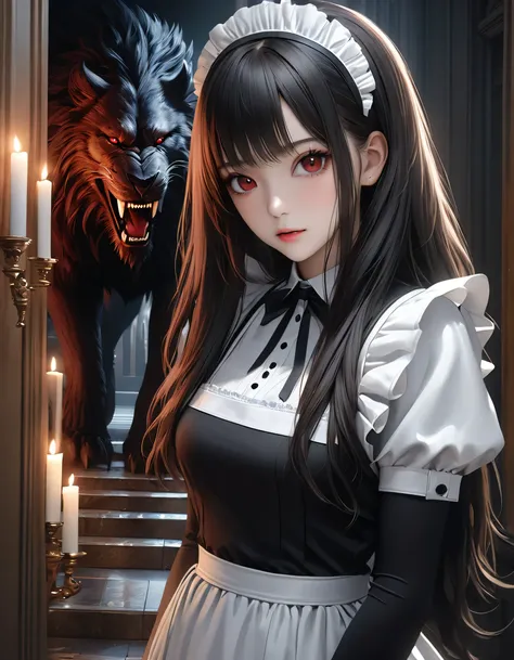 high quality, detailed, Realistic,(25 years old beautiful maid), (detailed dark red eyes), (black long hair),large beasts,(shiny skin),dark night palace corridor, candle,best quality,4k,8k,highres,masterpiece:1.2),ultra-detailed,(realistic,photorealistic,p...