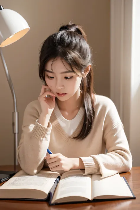 "A Korean girl is sitting at her desk, deeply engrossed in her studies. Her textbooks and notebooks are neatly arranged in front of her, and she is carefully writing notes with a pen. The desk lamp casts a warm light over her workspace, highlighting the fo...