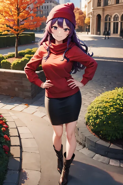 best quality, highres, beautiful woman looking at viewer, hand on hip, smiling, red hoodie, black midi pencil skirt, pencil skirt, beanie, leather boots, red scarf, full body, medium purple hair, wavy hair, garden, fall evening, tree, leaves, park