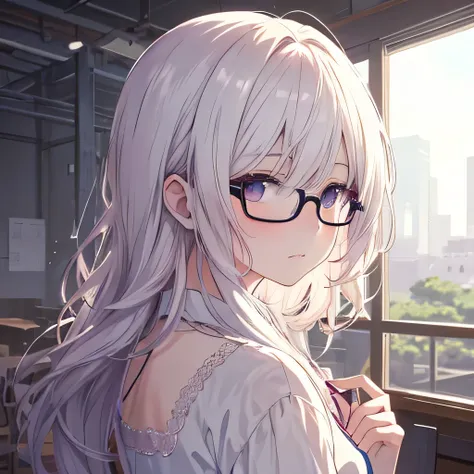 College girl wearing glasses, white dyed hair,Sheer chiffon blouse, Back view, Sad face, tired, Station scenery, Portrait of Roffey, Digital anime illustration, Detailed digital anime art, Anime Portrait, Anime Moe Art Style, Realistic anime art style, Ani...