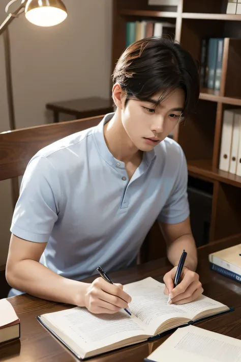 "A handsome Korean boy is seated at his desk, fully absorbed in his studies. His textbooks and notebooks are methodically arranged before him, and he is diligently taking notes with a pen. The desk lamp provides a soft glow over his study area, highlightin...