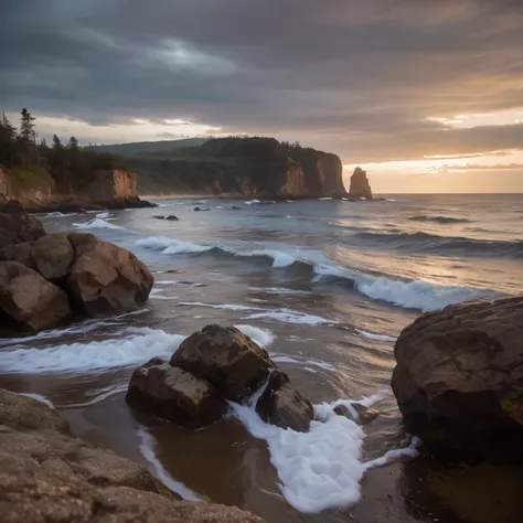 sunset, dusk, twilight.

Detailed Description of the Sea Area at the Coast of British Columbia
The coast of British Columbia, renowned for its rugged beauty, features a diverse and dramatic landscape. Along the shoreline, massive boulders and rocky outcrop...