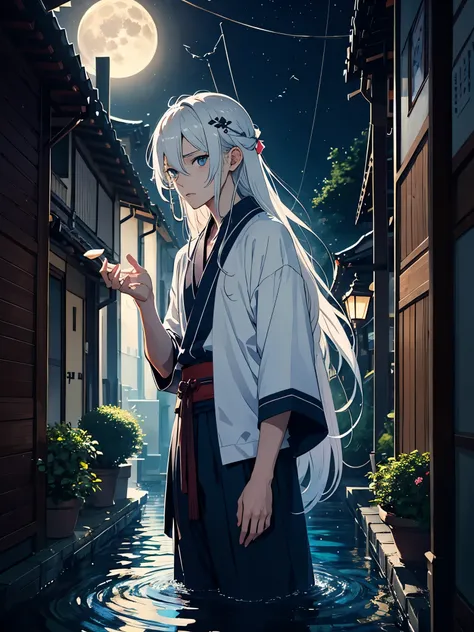 Roter Kimono. Rote Blumen. Japanisches Tor. Tori. Blue wolf. Kimono. . More anime. light blue light. Bright bright light. male. Long hair. long white hair. aquatic, boy, God of the Moon, silver hair accessories, White hair. 