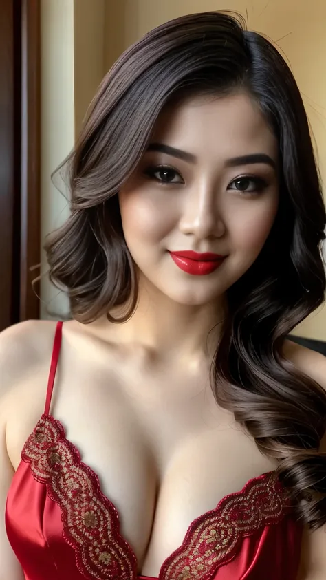 instagram photo, closeup face photo of 23 y.o Chloe in kebaya, Red Lipstick, sensual Lipstick, Sensational Make Up, cleavage, pale skin, (smile:0.4), hard shadows, Red G-STRING, bright lighting 