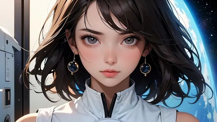 An image of a close-up of the upper body. A beautiful woman. Twenty years old. Dark brown hair. She is looking at the camera with a serious expression. An image of a door and outer space in the space behind her.