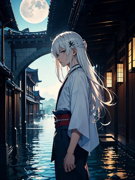 Roter Kimono. Rote Blumen. Japanisches Tor. Tori. Blue wolf. Kimono. . More anime. light blue light. Bright bright light. male. Long hair. long white hair. aquatic, boy, God of the Moon, silver hair accessories, White hair. 