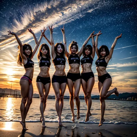 ManoErina, Masterpiece of ProfessionalPhoto ((ExtremelyDetailed (12 PICHIPICHI KAWAII Girls Floating in The Air in a row:1.37) in WHITE at Dusk Enoshima Beach)), {(Standing Full Body:1.2)|(from below:1.2)}, Different types of hair colors, {(skinny(SchoolSw...