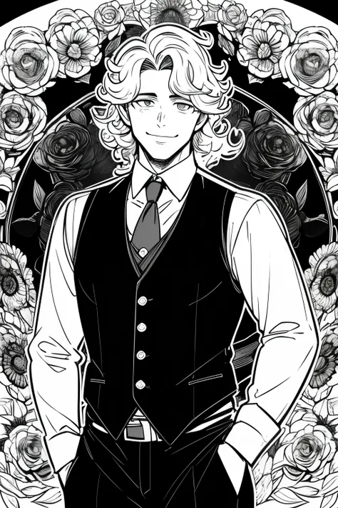 adult man with shoulder-length curly hair, black waistcoat, big eyes and a big smile, open flower shirt, no tie, line drawing on...