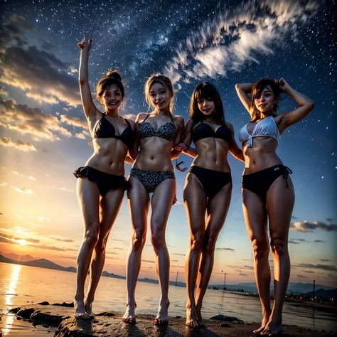 ManoErina, Masterpiece of ProfessionalPhoto ((ExtremelyDetailed (12 PICHIPICHI KAWAII Girls Floating in The Air in a row:1.37) in WHITE at Dusk Enoshima Beach)), {(Standing Full Body:1.2)|(from below:1.2)}, Different types of hair colors, {(skinny(SchoolSw...