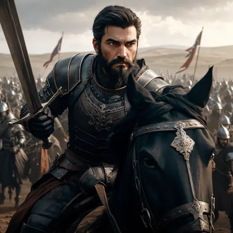 Describe the scene of a man with a medium black beard and short black hair, round face, wearing imposing medieval armor. He&#39;s riding his horse, raising a gleaming sword as he boldly charges towards a vast army of warriors. The expression on his face is...