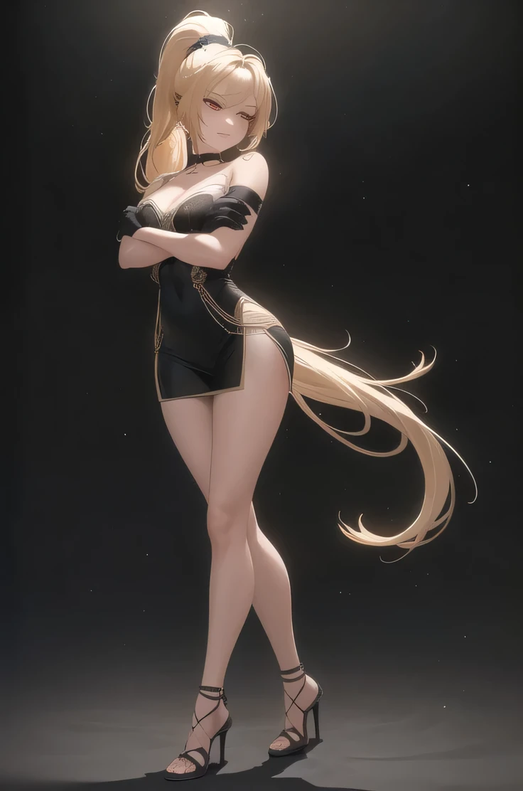 Particles of light, Soft lighting, Volumetric lighting, Intricate details, In detail, Backlight,

One girl, alone, Are standing, Upper Body, Arms crossed,

Blonde, Long Hair, High Ponytail, Hair Intake, Side Lock, Red Bow,

Red eyes, View your viewers, tsu...