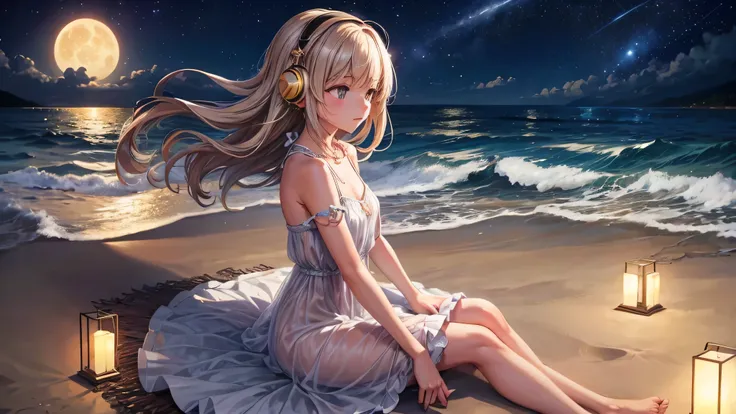 "A serene nighttime beach scene. A girl sits on the sandy shore, her headphones on, lost in the rhythm of the music. She wears a beautiful frock, the gentle waves almost touching her toes. Above her, the night sky is adorned with twinkling stars and a lumi...