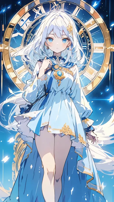 Anime-style illustration of a young woman with white hair and vivid blue eyes. She is wearing a detailed blue and white dress with gold embellishments and a high collar. The background has a clock face and scattered blue and gold elements, giving a celesti...