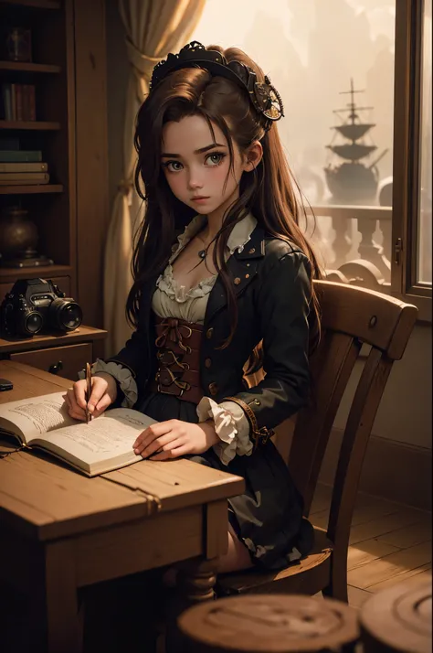 (photography of a 20 year old Aerith Gainsborough), (no close-up), highly detailed face, (smile:0.7) (background inside dark, moody, private study:1.3), steampunk pirates airship, nikon d850, film stock photography, for kodak portra 400 ,camera f1.6 lens, ...