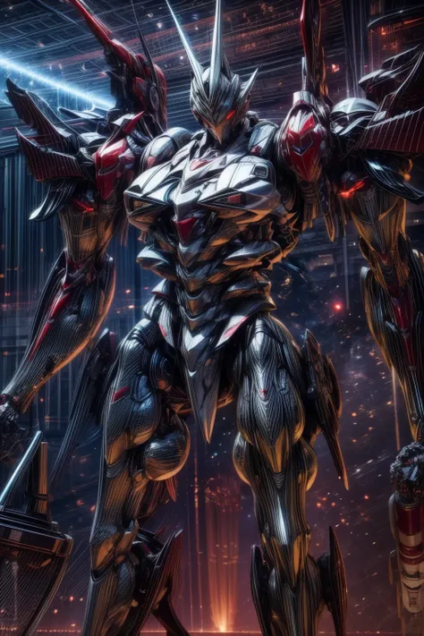 (work of art, best qualityer:1.5)Blood red mech with beige accents. With structure made of animal bones, vivid red eyes, fit the tribal appearance and average body. He carried with him a spear made of bones with red details.. Extremely detaild, intricate, ...