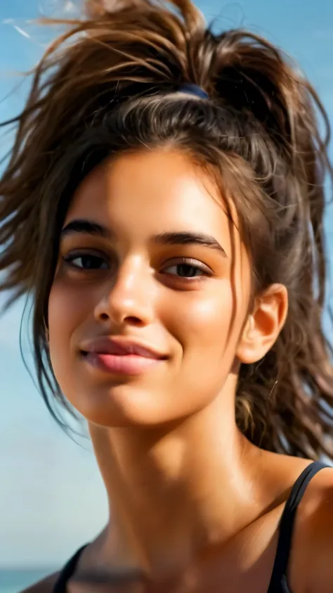 a beautiful young woman standing on top of a beach, perfect face template, bottom body close up, eyebrow scar, energized face, r...