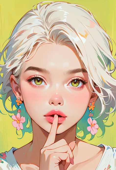 (masterpiece, best quality:1.2), 1 girl, solitary，anime style，white hair, lips pink、girl with light floral earrings puts her fin...