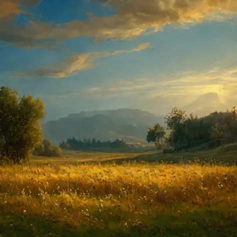 arafed view of a field with trees and bushes in the foreground, a matte painting by Carl Rahl, flickr, tonalism, intricate foreground, dramatic warm morning light, dramatic cold light, beautifully lit landscape, warm beautiful scene, extremely beautiful an...