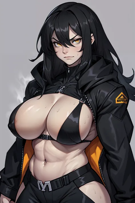 (pale skin girl) (1girl muscular grey background bodybuilder) toned body huge breasts (thin waist) black hair yellow eyes straight hair sweaty hair between eyes (black fur trim coat) frowning black suit dark atmosphere