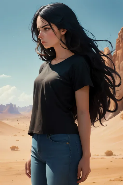 ((best quality)), ((masterpiece)), (detailed), A digital illustration of a long black haired woman in a desert looking at the sky with a tired expression on her face, wearing a plain black t-shirt and blue jeans. 