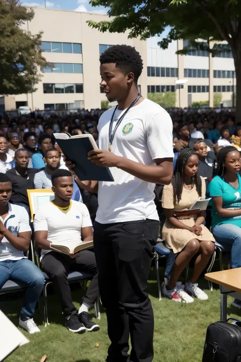 ((best qualityer)), (detailded), (black brazilian boy preaching the gospel with open bible), (standing) (burning bible), (in front of an audience) (university library), (Other students listen emotionally)