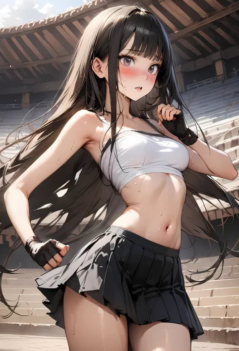 (((masterpiece,Highest quality:1.3,best quality illustration))),(realistic),cowboy shot,solo,1woman,18 year old beauty,black hair,long hair,bangs,black eyes,gorgeous big eyes,((very small head:1.3)),blush,((very long body:1.2,skinny)),medium breasts,White ...