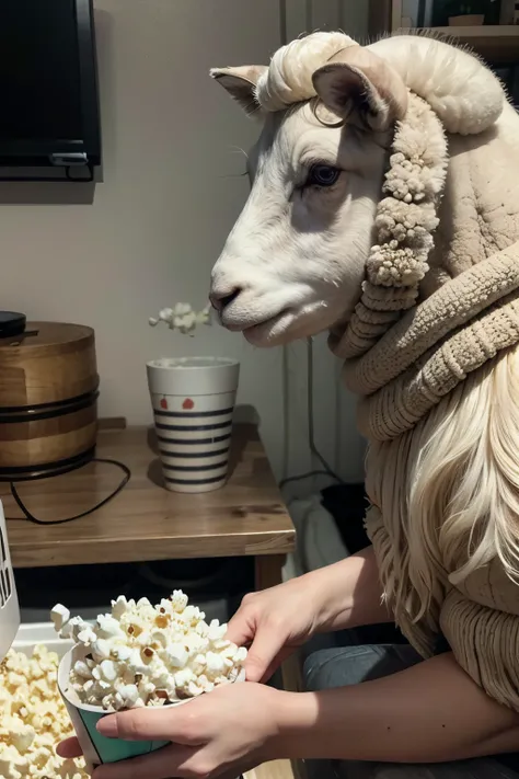 Sheep eating popcorn and watching TV