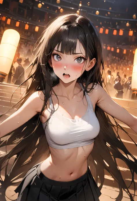 (((masterpiece,Highest quality:1.3,best quality illustration))),(realistic),cowboy shot,solo,1woman,18 year old beauty,black hair,long hair,bangs,black eyes,gorgeous big eyes,((very small head:1.3)),blush,((very long body:1.2,skinny)),medium breasts,White ...