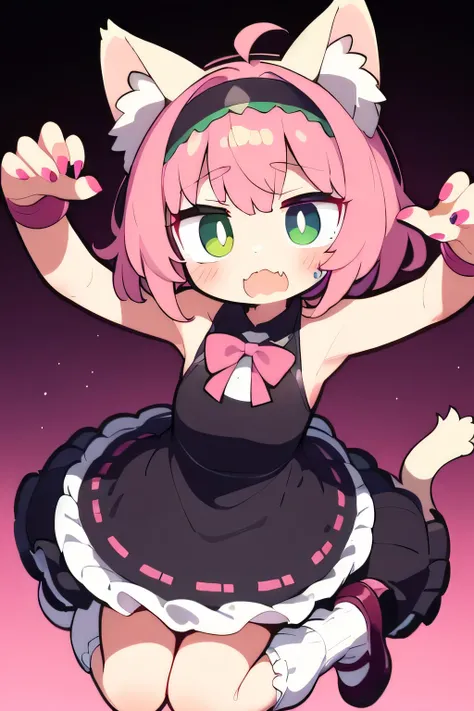 malevolent, evil look, pink hair, short hair, green eyes, animal ears, fake animal ears, cat ears, hairband, dress, striped, socks, shoes, nail polish, night background,Annie Hastur, Smol, Cat Ears Headband,