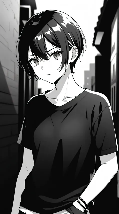 girl, Landscape Portrait, Black and White, Messy short hair, Edgy accessories,Sporty style, Casual T-shirt, A confident gaze, Monochrome color scheme, Look to the side, Chic street fashion, Casual pose with hands in pockets,head,((people)),hairpin