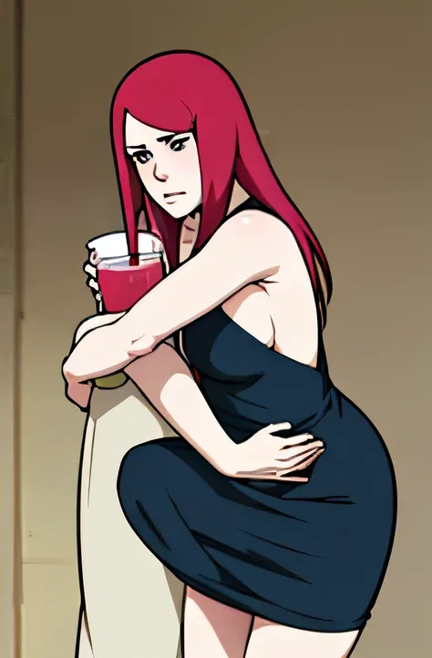 Madura Kushina Uzumaki ((whole body)), wearing a dress with a pale blue neckline, with a drink in hand, small breasts, thin legs, Red hair, hugging a .