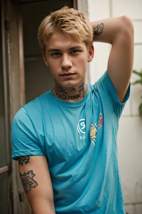 Blond 20 year old boy, three quarter position, medium shot, with shirt, with colored tattoos on his arm