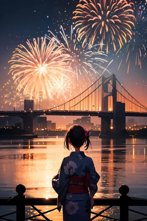 from behind, (silhouette:1.5), firework focus, far, long range, 1girl, Night Sky, (firework:1.5), yukata, on bridge, fence, masterpiece, high quality, best quality, beautiful, HD, perfect lighting, detailed body, masterpiece, best quality, intricate detail...