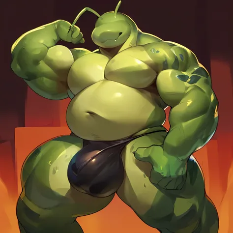 Solo, male (((slug, gasteropod, no eyes, antennas, muscular, muscle gut, green body, black thong, big bulge))) standing, perfect anatomy, full body, by darkgem, by mystikfox61, by glitter trap boy