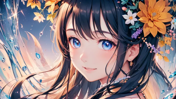 Background overflowing with many flowers、Close up portrait of smiling woman looking back。There are also many flowers in the hair of the braid。Cute illustrations full of happiness、Floral background、Extremely high quality、high-level image quality、Extremely d...