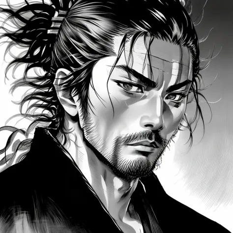 miyamoto musashi,kimono,scar,wide,barba,,manga,in black and white,looking to the camera,elegant,charismatic  (:0.8)