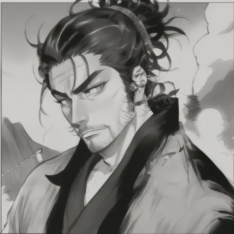 Miyamoto Musashi,kimono,SCAR,wide,barba,,Manga,in black and white,looking to the camera,elegant,charismatic (:0.8)