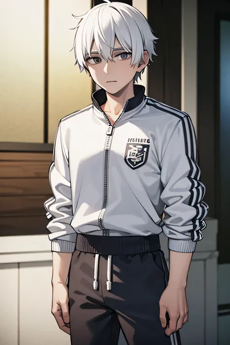 a white haired 16 year old young man, white hair short, wearing Ua tracksuit, grey eyes,