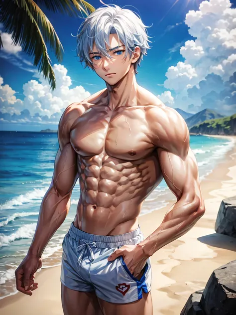 Anime guy about 15, shirtless, with blue eyes and white hair, muscular, 6 pack abs, with white shorts, on the beach  