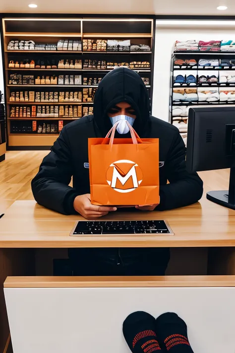 Draw a person, shopping online, hiding your face behind a computer screen, with Monero coins (XMR) around. Nearby is a satisfied Shopinbit seller with parcels and Monero badges. Text on image: "Monero: When even buying socks is a secret!"