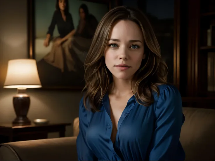 portrait photo, Foto hiperrealista en primer plano de Rachel McAdams, masterpiece, best quality, (photorealistic:1.4), portrait photo, blue blouse, night in living room, during the night, dark night, during night, cinematic light, beautiful woman, skinny, ...