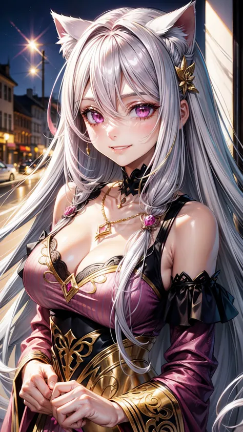 Silver hair, pink eyes, older woman, dark pink and gold clothes, hair ornament, cat ears, necklace, long hair, smiling face, upper body