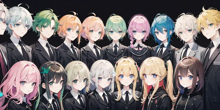 7 boys and girls with different hair colours including black brown green pink blue blonde looking into the camera

