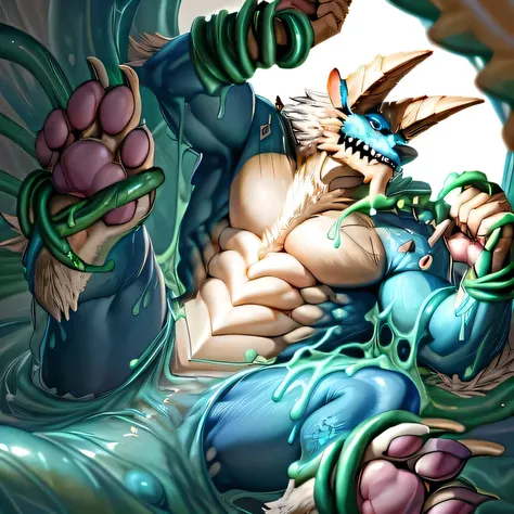 anthropology,(zinogre:1.2),Tail,((whole body,blue eyes, Blue body, White furry, Yellow Hand, Feet, Blue face,4 toes,Tail )),,muscular, whole body, (author：null-ghost,From raccoon21,masterpiece,high quality), Night Fight,((boundary)), rest (((Slime monster ...